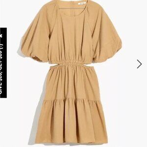 Madewell Mini Dress 2XL Seersucker Puff-Sleeve Cutout Tan Brown Plus Size